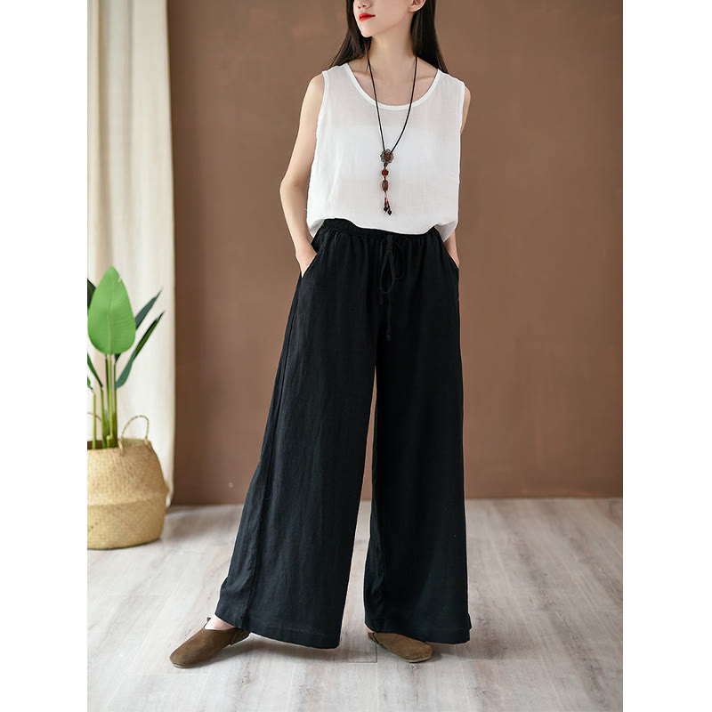 Buddha Stonesゆったりコットンリネン ドローストリング ワイドレッグパンツ ポケット付き