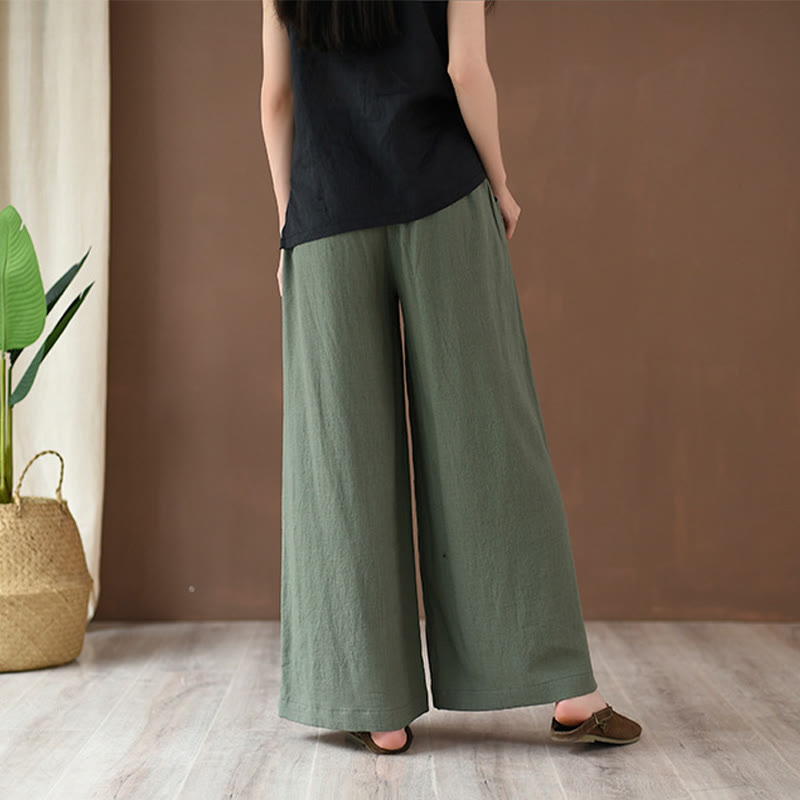 Buddha Stonesゆったりコットンリネン ドローストリング ワイドレッグパンツ ポケット付き