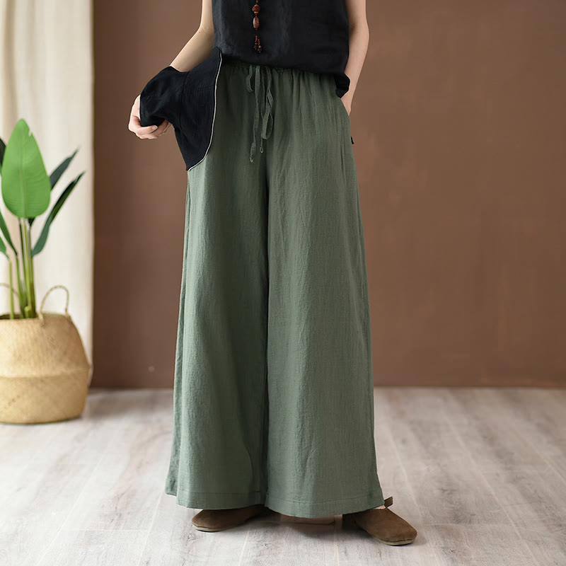 Buddha Stonesゆったりコットンリネン ドローストリング ワイドレッグパンツ ポケット付き