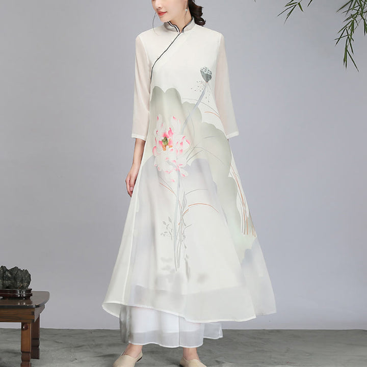 Buddha Stones、蓮の花の鞘、シフォンチャイナドレス、瞑想、禅の練習着