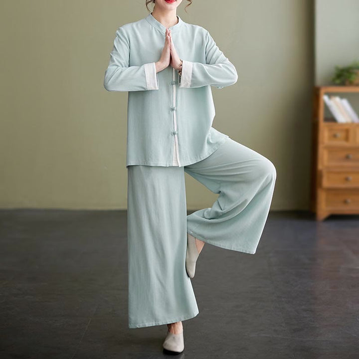 Buddha Stones2点セット タンスーツ 長袖 シャツ トップ パンツ 瞑想 禅 太極拳 コットン リネン 衣類 レディース セット
