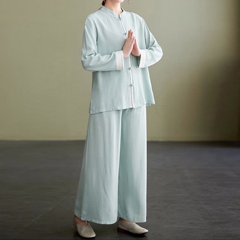Buddha Stones2点セット タンスーツ 長袖 シャツ トップ パンツ 瞑想 禅 太極拳 コットン リネン 衣類 レディース セット