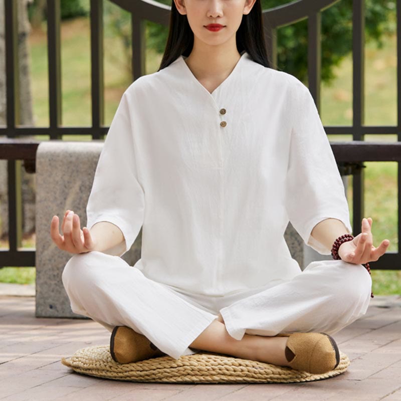 Buddha Stones2点セット シャツ トップ パンツ 瞑想 禅 太極拳 コットン リネン 衣類 レディース セット - ホワイト(トップス&パンツ) - US8-10，UK/AU12-14，EU40-42 (2XL) - image 0