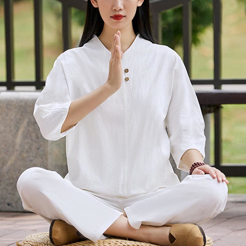 Buddha Stones2点セット シャツ トップ パンツ 瞑想 禅 太極拳 コットン リネン 衣類 レディース セット - image 1