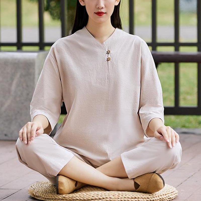 Buddha Stones2点セット シャツ トップ パンツ 瞑想 禅 太極拳 コットン リネン 衣類 レディース セット - image 7