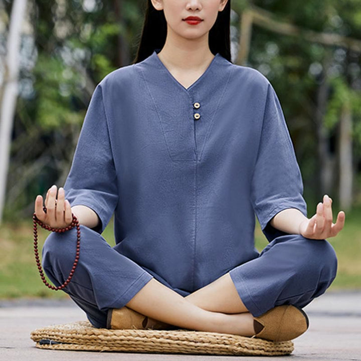 Buddha Stones2点セット シャツ トップ パンツ 瞑想 禅 太極拳 コットン リネン 衣類 レディース セット - image 15