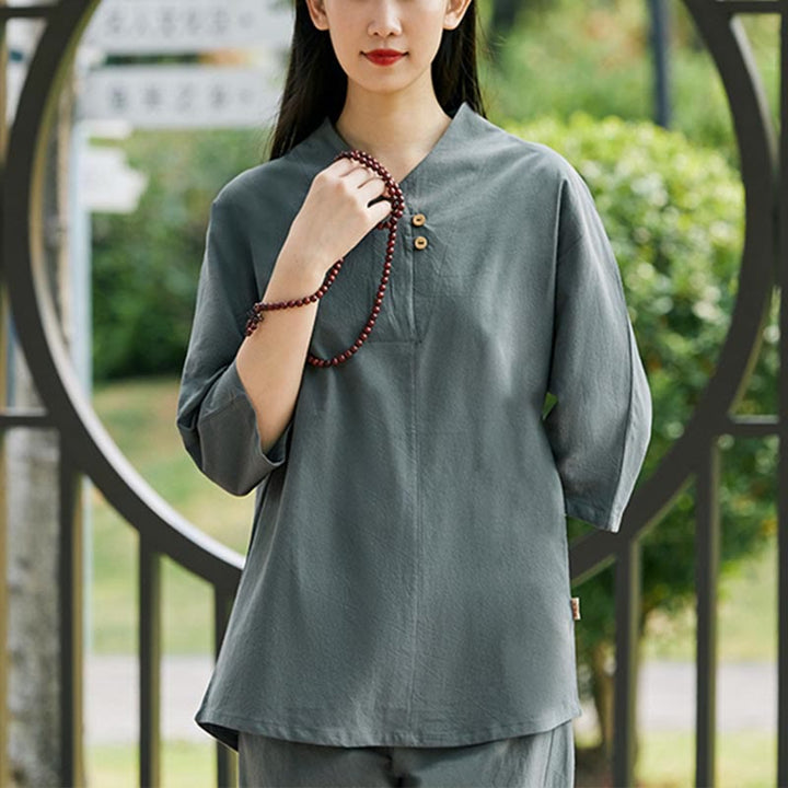 Buddha Stones2点セット シャツ トップ パンツ 瞑想 禅 太極拳 コットン リネン 衣類 レディース セット - image 18