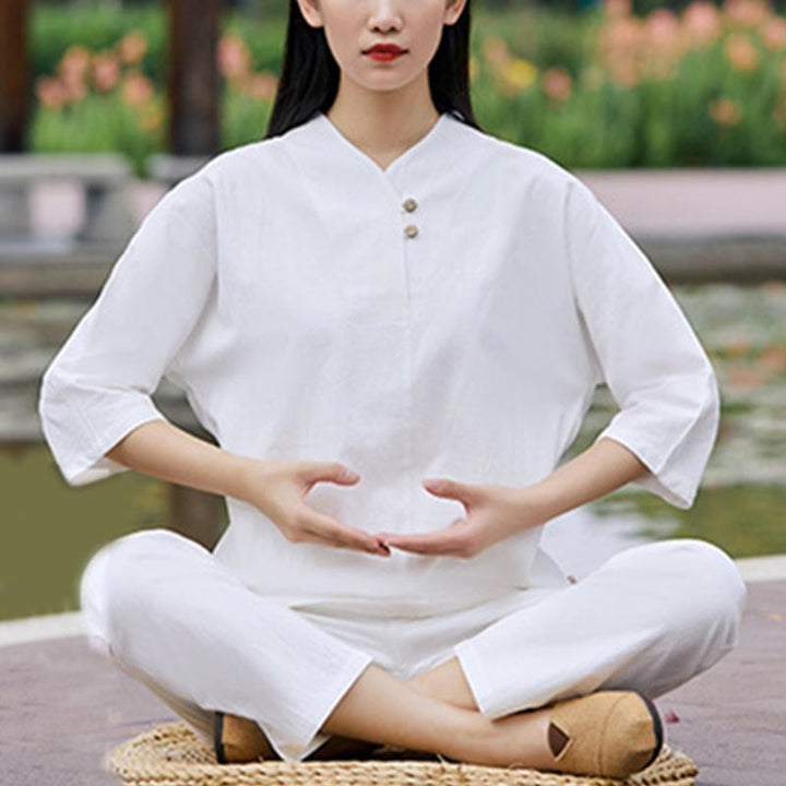 Buddha Stones2点セット シャツ トップ パンツ 瞑想 禅 太極拳 コットン リネン 衣類 レディース セット - image 2