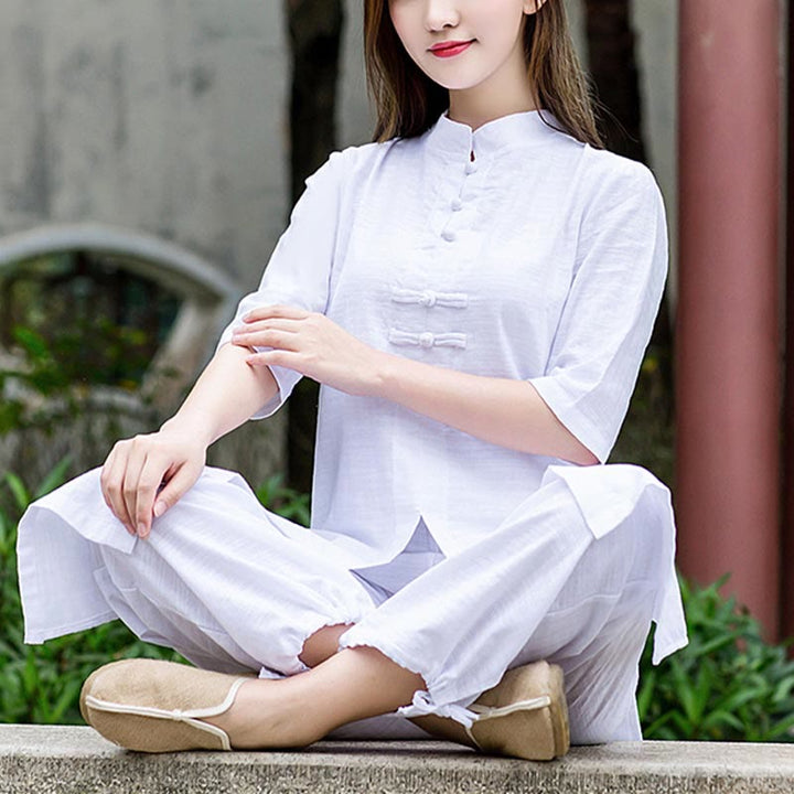 Buddha Stones 2点セット 半袖シャツ トップパンツ 瞑想 禅 太極拳 リネン ウェア レディース セット