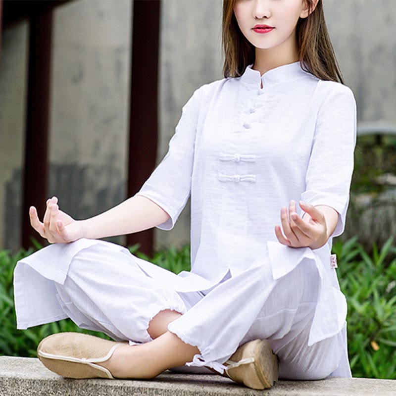Buddha Stones 2点セット 半袖シャツ トップパンツ 瞑想 禅 太極拳 リネン ウェア レディース セット