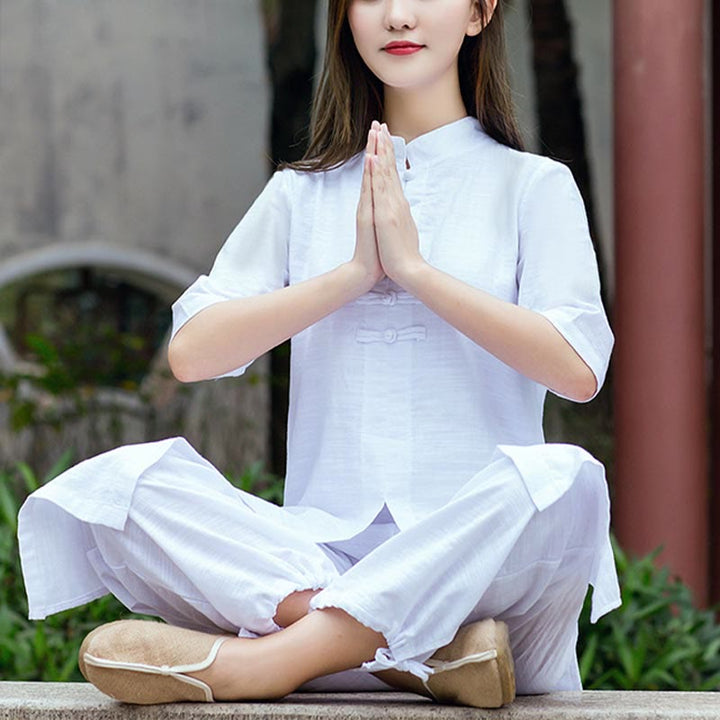 Buddha Stones 2点セット 半袖シャツ トップパンツ 瞑想 禅 太極拳 リネン ウェア レディース セット