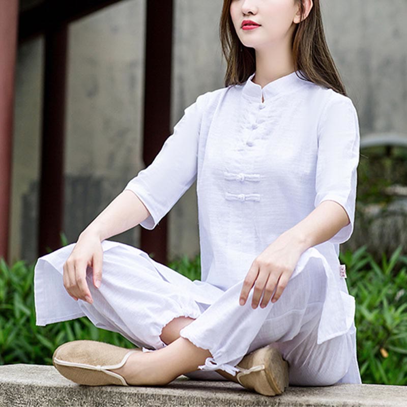 Buddha Stones 2点セット 半袖シャツ トップパンツ 瞑想 禅 太極拳 リネン ウェア レディース セット