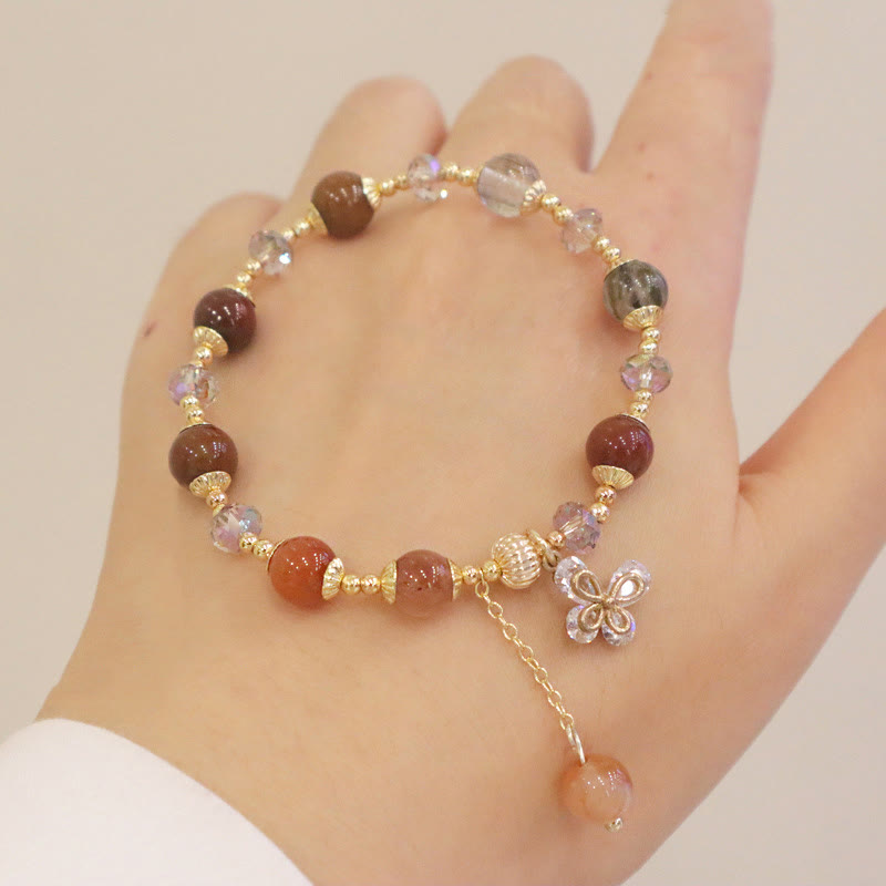Buddha Stones天然福禄寿レインボークリスタルルチルクォーツ富の蝶チャームブレスレット