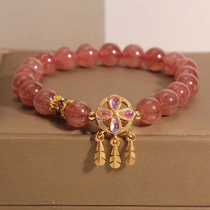Buddha Stones天然ストロベリークォーツ 四つ葉のクローバー ドリームキャッチャー チャーム ラブブレスレット