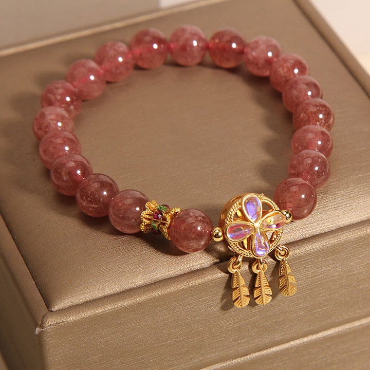 Buddha Stones天然ストロベリークォーツ 四つ葉のクローバー ドリームキャッチャー チャーム ラブブレスレット