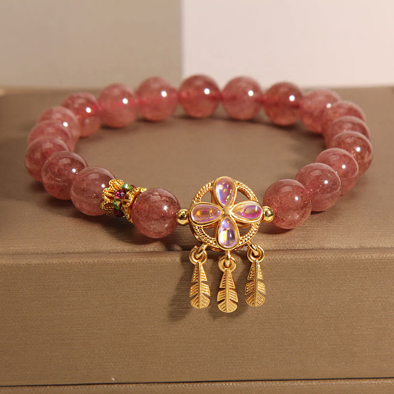 Buddha Stones天然ストロベリークォーツ 四つ葉のクローバー ドリームキャッチャー チャーム ラブブレスレット
