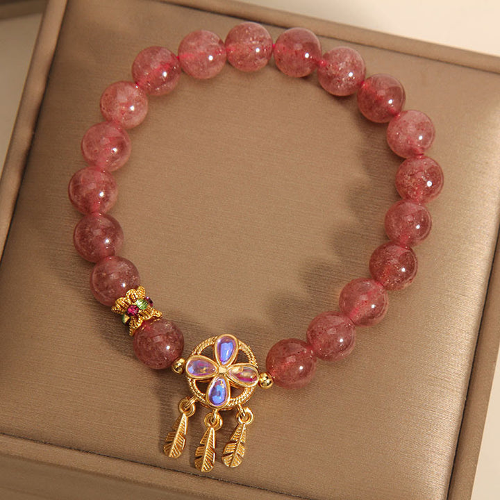 Buddha Stones天然ストロベリークォーツ 四つ葉のクローバー ドリームキャッチャー チャーム ラブブレスレット