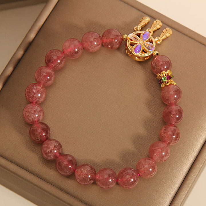 Buddha Stones天然ストロベリークォーツ 四つ葉のクローバー ドリームキャッチャー チャーム ラブブレスレット