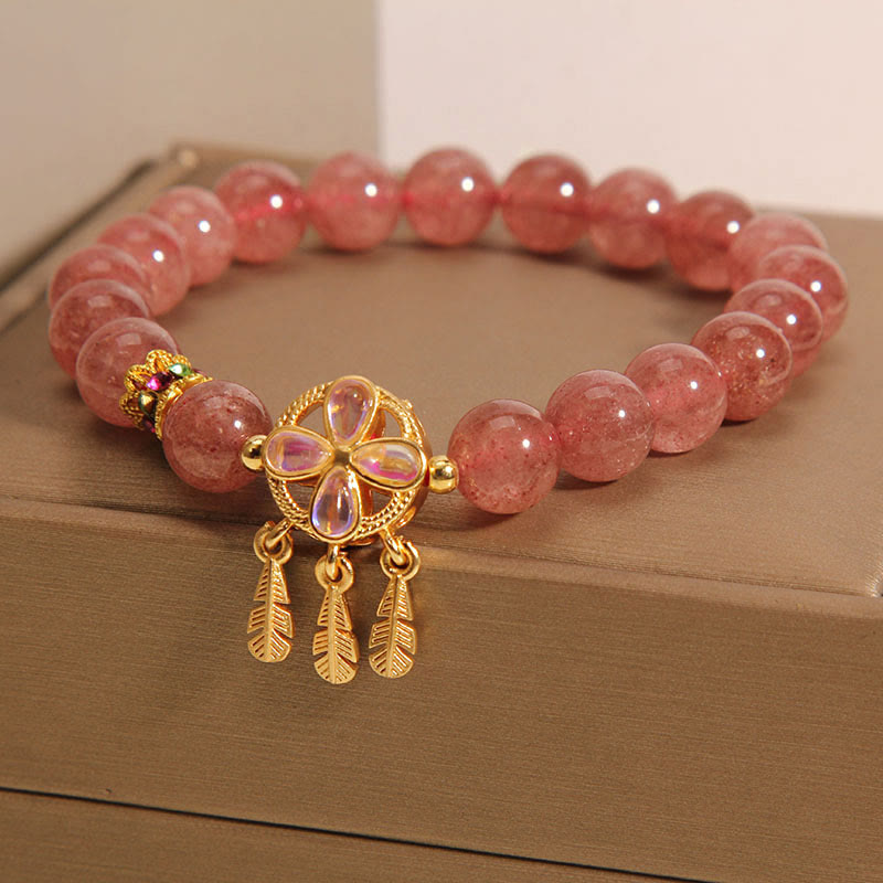 Buddha Stones天然ストロベリークォーツ 四つ葉のクローバー ドリームキャッチャー チャーム ラブブレスレット