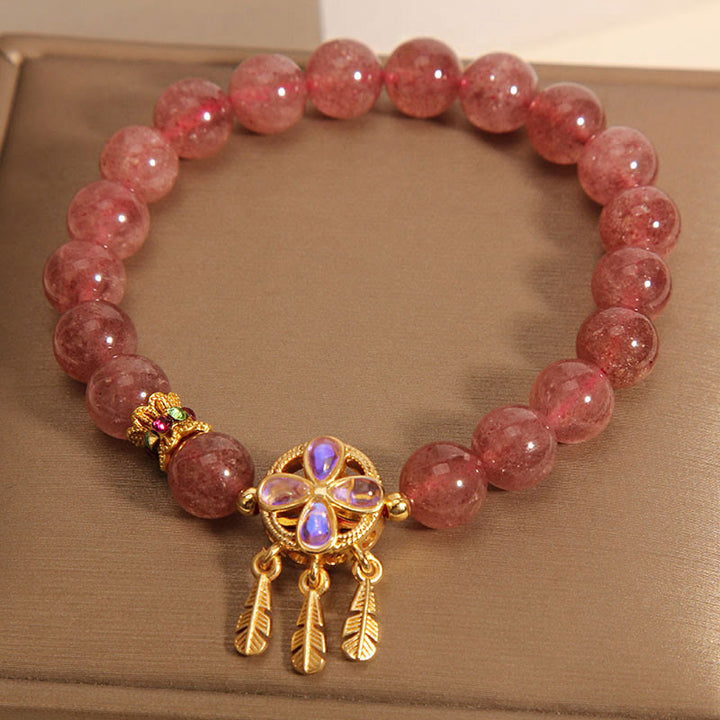 Buddha Stones天然ストロベリークォーツ 四つ葉のクローバー ドリームキャッチャー チャーム ラブブレスレット
