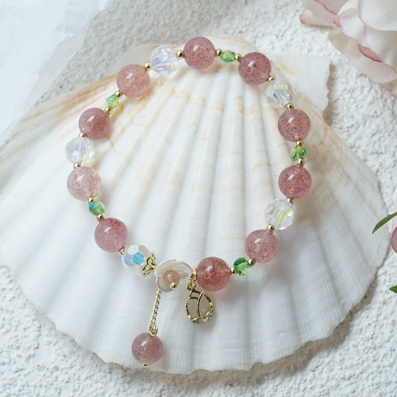 Buddha Stonesストロベリークォーツ ルチルクォーツ フローライト フラワーヒーリングブレスレット