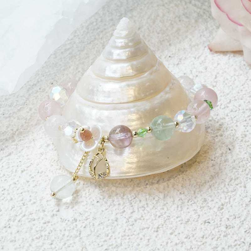 Buddha Stonesストロベリークォーツ ルチルクォーツ フローライト フラワーヒーリングブレスレット