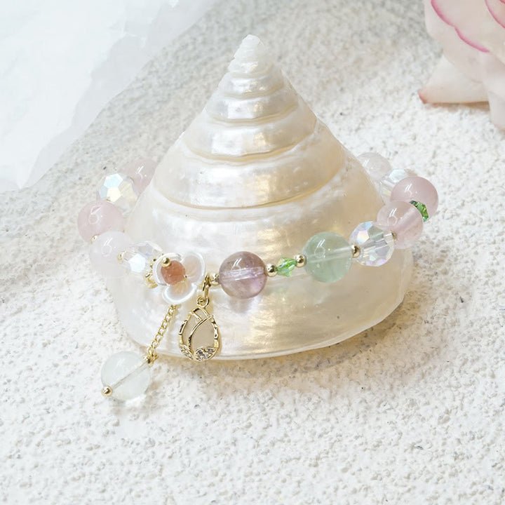 Buddha Stonesストロベリークォーツ ルチルクォーツ フローライト フラワーヒーリングブレスレット
