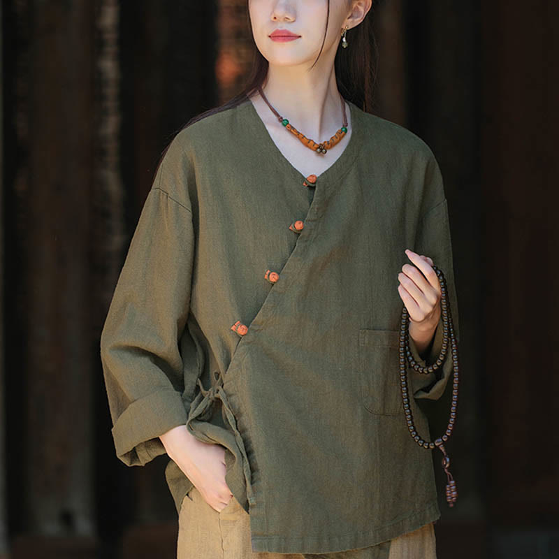 Buddha Stones無地ラミーリネンゆったりブラウス長袖シャツ中国漢服トップス - グリーン(バスト116cm)(トップスのみ) - image 9