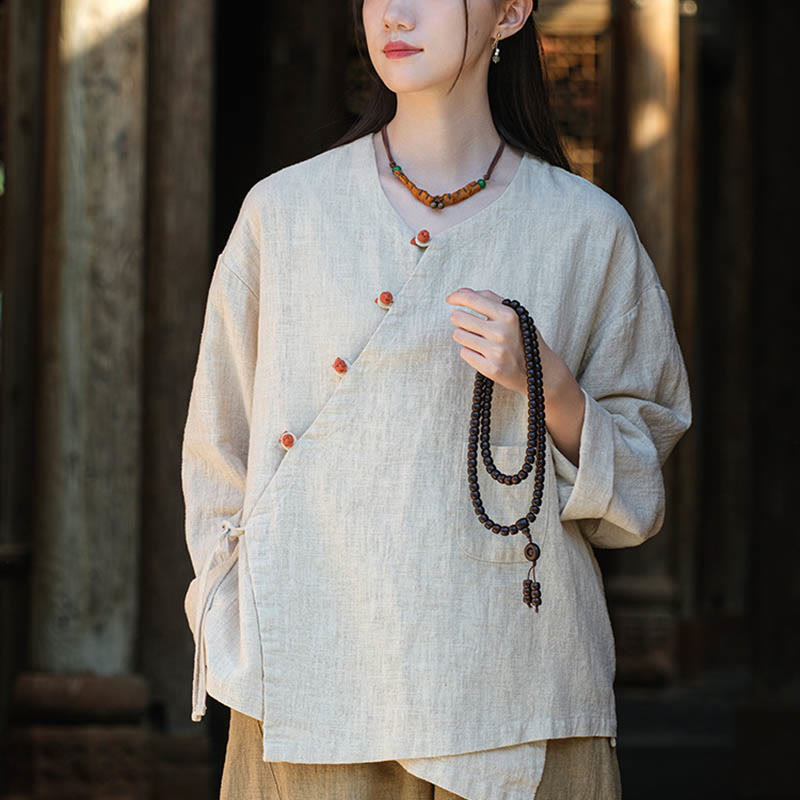 Buddha Stones無地ラミーリネンゆったりブラウス長袖シャツ中国漢服トップス - ベージュ(バスト116cm)(トップスのみ) - image 0
