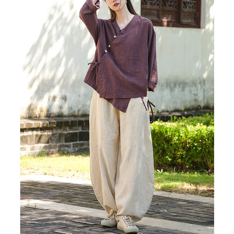 Buddha Stones無地ラミーリネンゆったりブラウス長袖シャツ中国漢服トップス - image 23