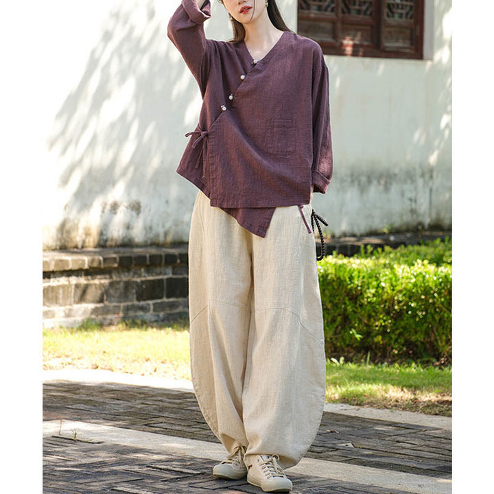 Buddha Stones無地ラミーリネンゆったりブラウス長袖シャツ中国漢服トップス - image 23