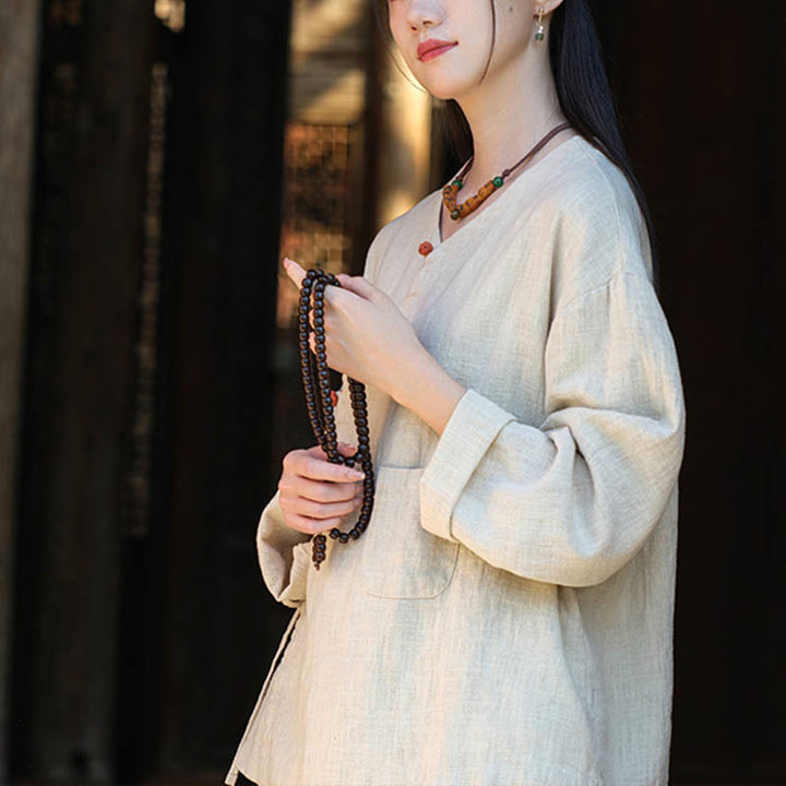 Buddha Stones無地ラミーリネンゆったりブラウス長袖シャツ中国漢服トップス - image 3