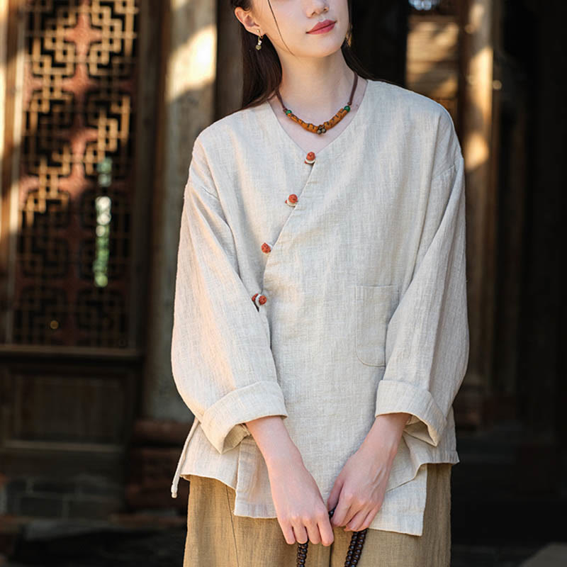 Buddha Stones無地ラミーリネンゆったりブラウス長袖シャツ中国漢服トップス - image 4