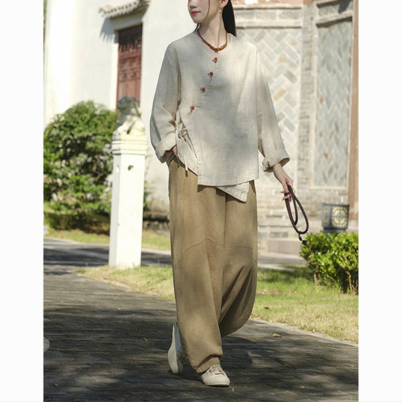Buddha Stones無地ラミーリネンゆったりブラウス長袖シャツ中国漢服トップス - image 6