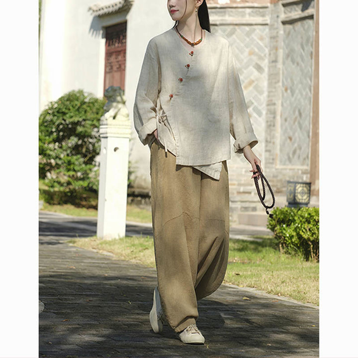 Buddha Stones無地ラミーリネンゆったりブラウス長袖シャツ中国漢服トップス - image 6