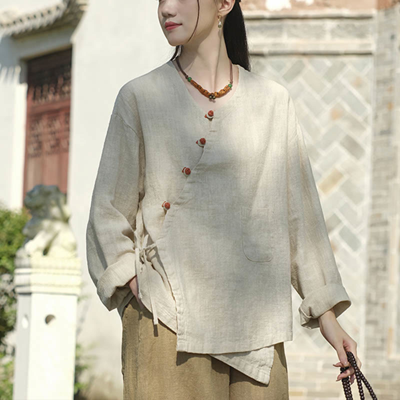 Buddha Stones無地ラミーリネンゆったりブラウス長袖シャツ中国漢服トップス - image 5