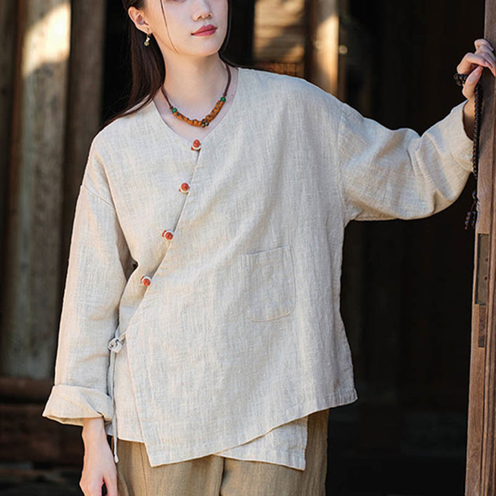 Buddha Stones無地ラミーリネンゆったりブラウス長袖シャツ中国漢服トップス - image 2