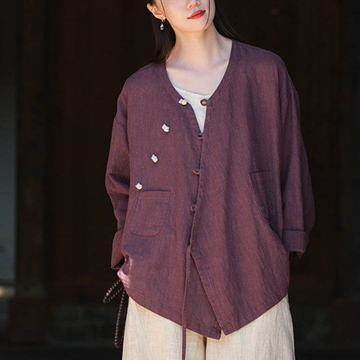 Buddha Stones無地ラミーリネンゆったりブラウス長袖シャツ中国漢服トップス - image 19