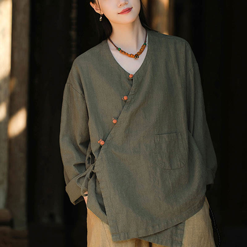 Buddha Stones無地ラミーリネンゆったりブラウス長袖シャツ中国漢服トップス - image 11
