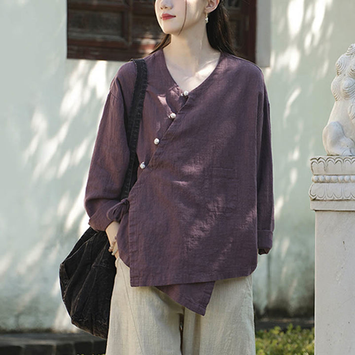 Buddha Stones無地ラミーリネンゆったりブラウス長袖シャツ中国漢服トップス - image 22