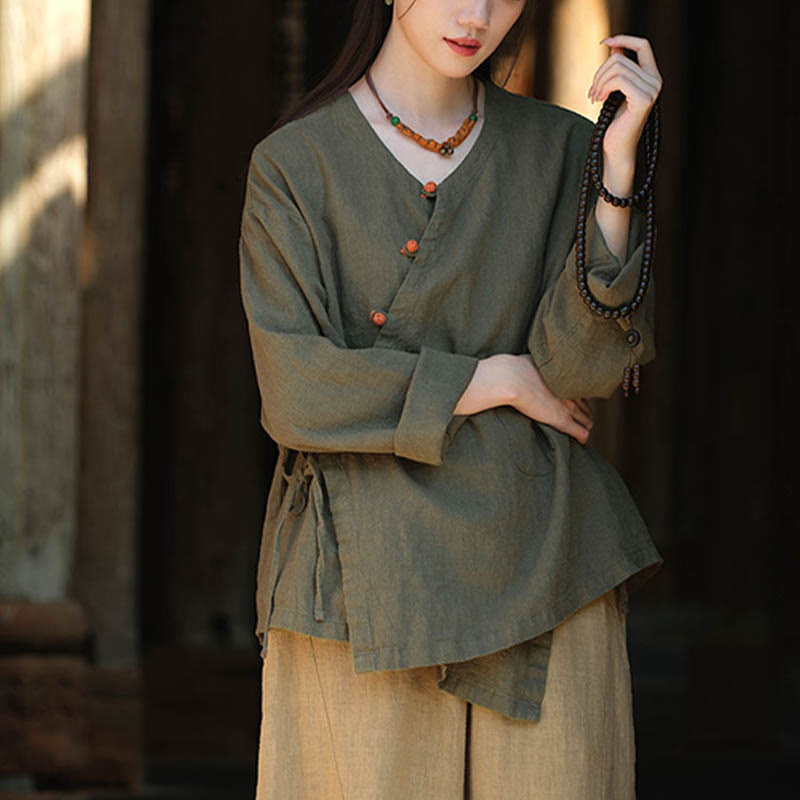 Buddha Stones無地ラミーリネンゆったりブラウス長袖シャツ中国漢服トップス - image 10