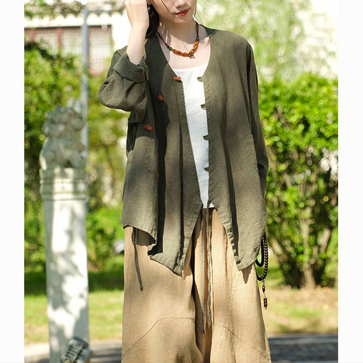 Buddha Stones無地ラミーリネンゆったりブラウス長袖シャツ中国漢服トップス - image 14