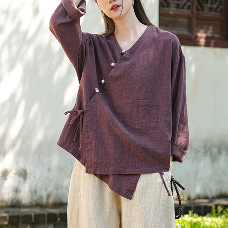 Buddha Stones無地ラミーリネンゆったりブラウス長袖シャツ中国漢服トップス - image 21