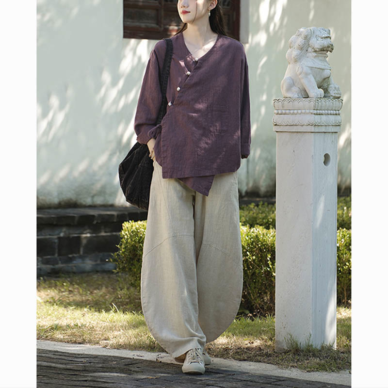 Buddha Stones無地ラミーリネンゆったりブラウス長袖シャツ中国漢服トップス - image 24