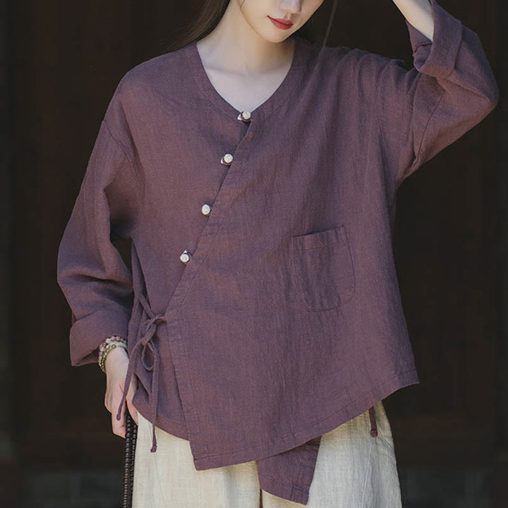 Buddha Stones無地ラミーリネンゆったりブラウス長袖シャツ中国漢服トップス - image 17