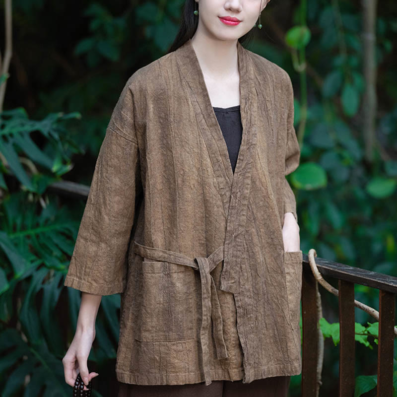 Buddha Stones漢服デザイン七分袖ラミーリネンコートオープンフロントトップジャケット - image 15