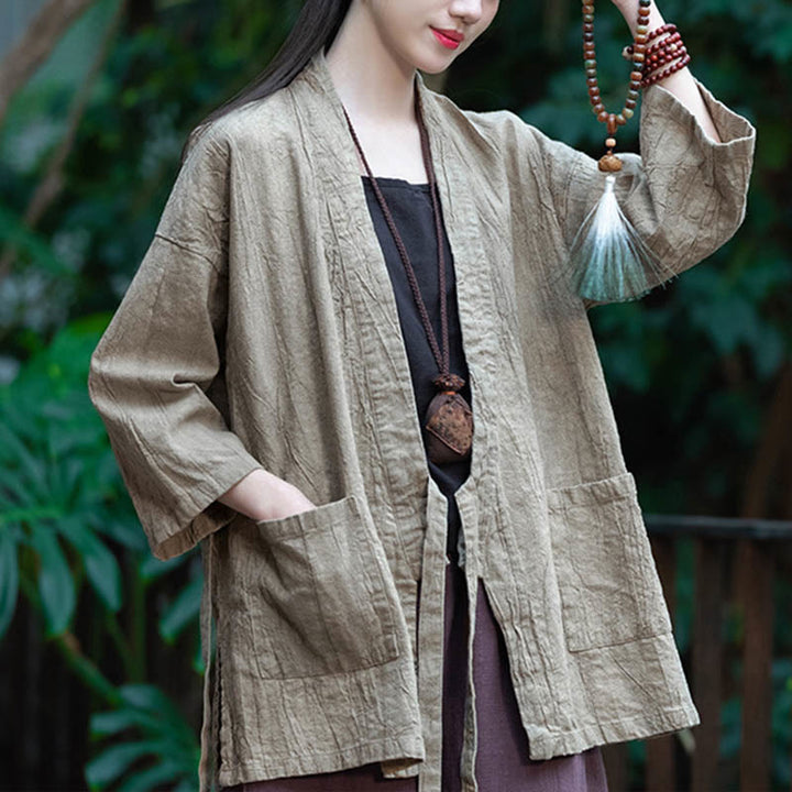 Buddha Stones漢服デザイン七分袖ラミーリネンコートオープンフロントトップジャケット - image 7