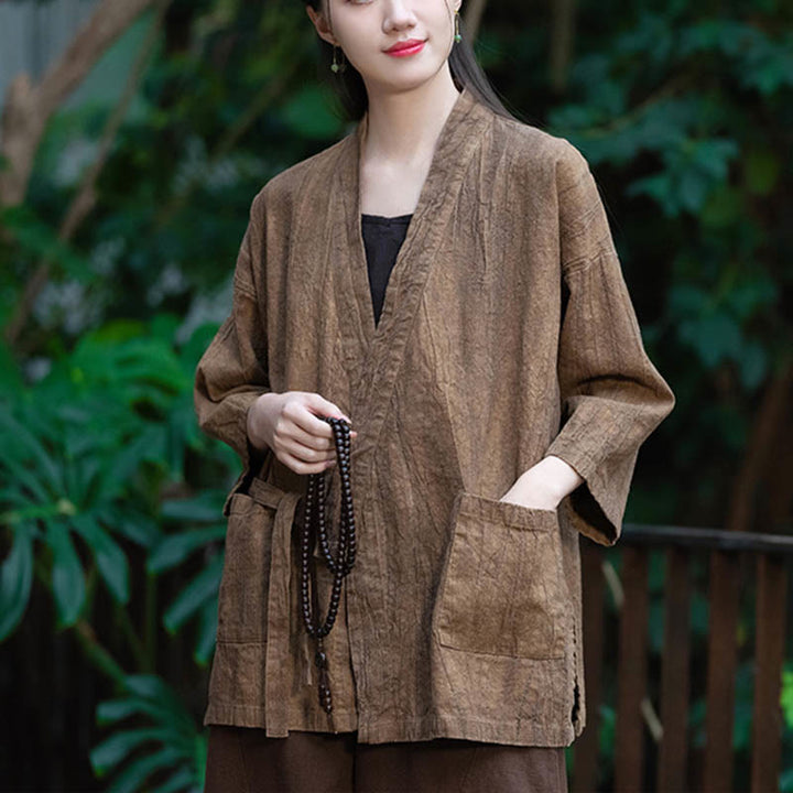 Buddha Stones漢服デザイン七分袖ラミーリネンコートオープンフロントトップジャケット - image 16