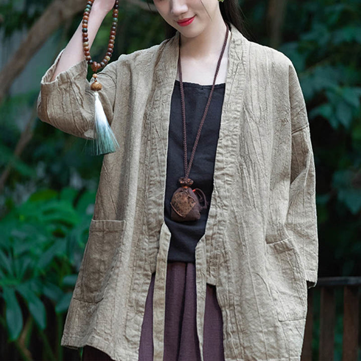 Buddha Stones漢服デザイン七分袖ラミーリネンコートオープンフロントトップジャケット - ベージュ - US4-8/10、 UK/AU8-12/14、 EU36-40/42 (F)-(コートのみ) - image 0