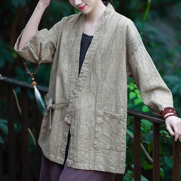 Buddha Stones漢服デザイン七分袖ラミーリネンコートオープンフロントトップジャケット - image 3